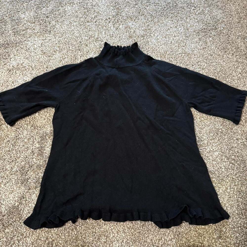 Chaus Black Ruffle Mock Neck Knit Top, Short Sleeve Sweater, Size M